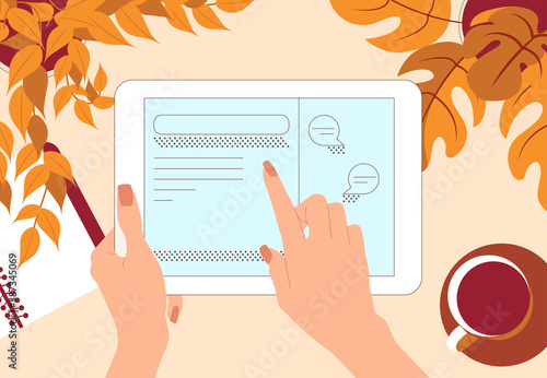 Hands holding and pointing on tablet. Autumn workplace interior design. Concept for web design, promotion templates, infographics. Vector illustration