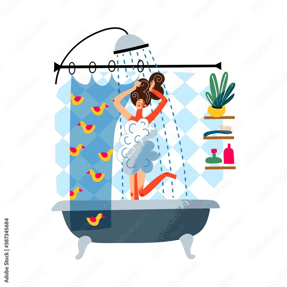 Girl showering in bathroom. Young woman standing washing hair in bath