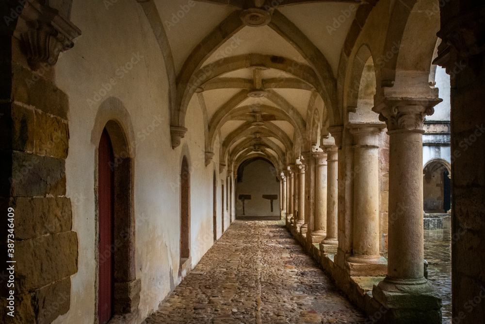 Cloister Stone Walkway, With Columns And Vaulted Ceiling. Tomar, Portugal 
