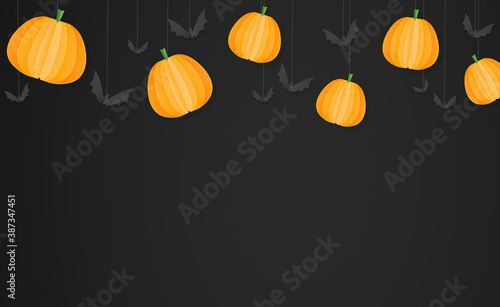 Happy Halloween banner with pumpkins , bats, spiders, in paper cut style hanging from top on on black background, sale template ,website, poster, vector illustration