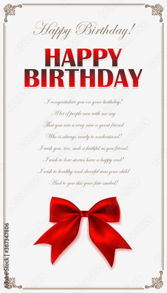 Happy birthday lettering with red ribbon bow on white background. Template for  Birthday invitation card d…