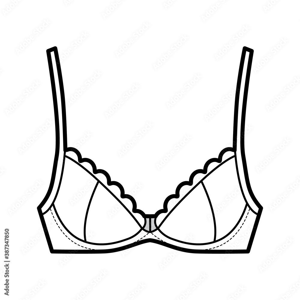 Bra scalloped cups lingerie technical fashion illustration with adjustable  shoulder straps, hook-and-eye closure. Flat brassiere template front white  color style. Women men unisex underwear CAD mockup Stock Vector