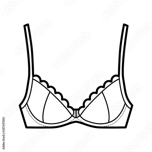 Bra scalloped cups lingerie technical fashion illustration with adjustable shoulder straps, hook-and-eye closure. Flat brassiere template front white color style. Women men unisex underwear CAD mockup