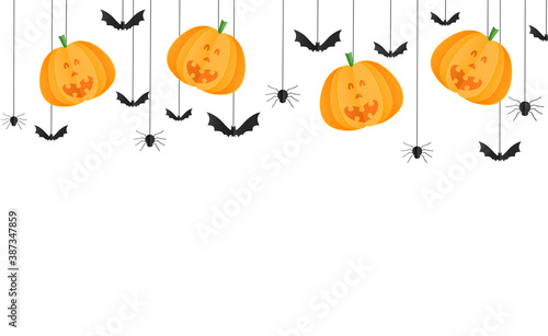 Halloween party  background with happy smiling  pumpkin face , bats, spiders in paper cut style, hanging from top  isolate on  white  background, graphic resources for sale template vector
