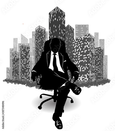 Silhouette of a man in a suit sitting on an armchair against the background of urban skyscrapers