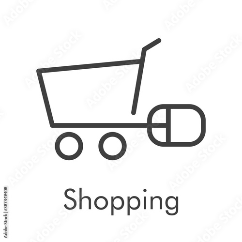 Símbolo de tienda en línea. Logotipo lineal con texto Shopping con carrito de la compra con mouse de ordenador en color gris	