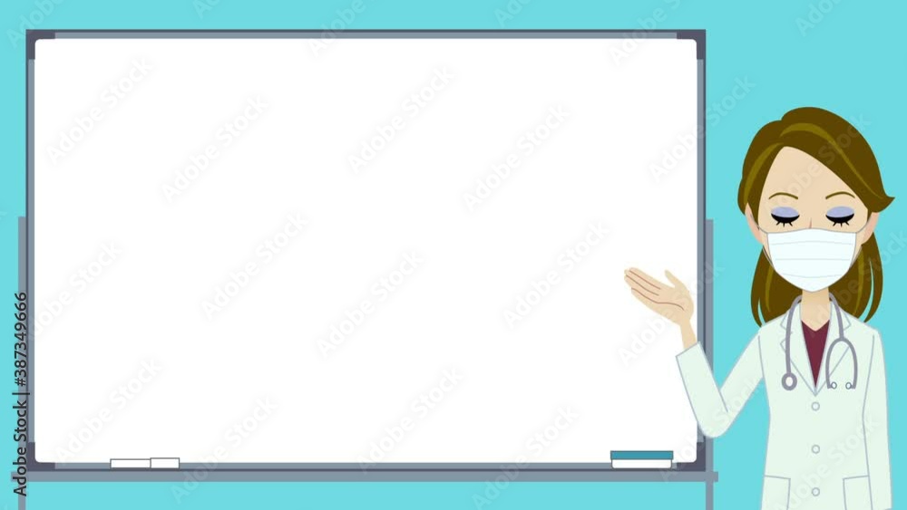 A woman doctor wearing face mask introducing about something with white board. A woman doctor wearing face mask introducing about something with white board.