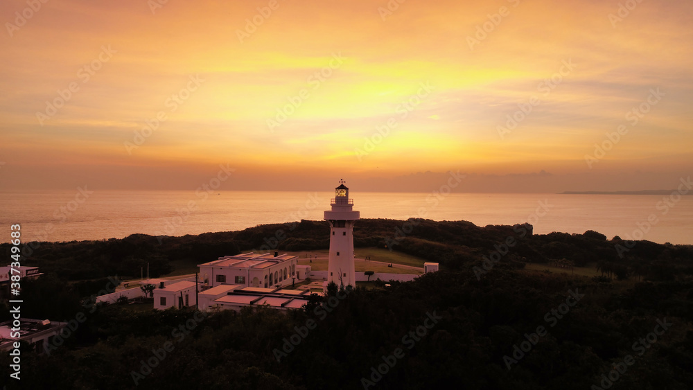 October 28, 2017, Aerial View of the Sunset at Eluanbi Lighthouse, in Kenting, Taiwan. October 28, 2017, Aerial View of the Sunset at Eluanbi Lighthouse, in Kenting, Taiwan.