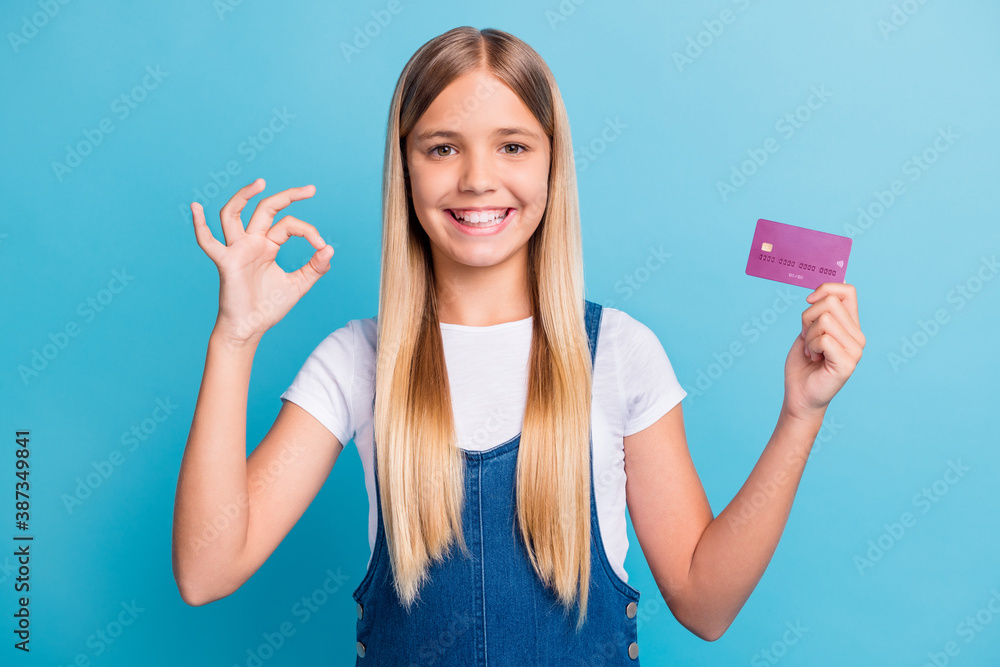 Portrait of positive nice blond hair girl hold bank card show ok sign buy for sale isolated on pastel blue color background Portrait of positive nice blond hair girl hold bank card show ok sign buy for sale isolated on pastel blue color background