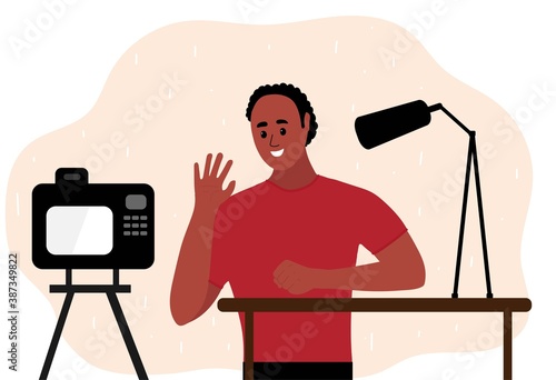 African black man blogger make video tutorial. male podcaster talking to camera using microphone. Vector flat