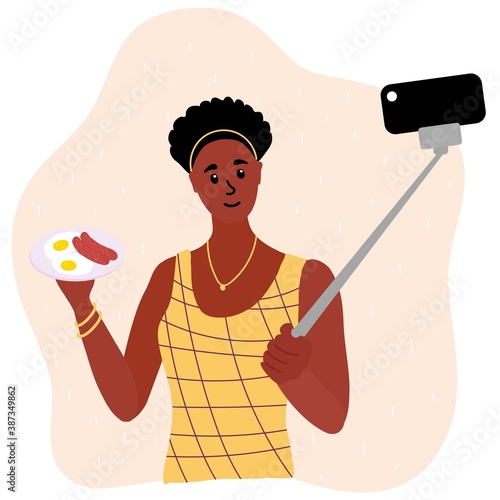 Black african woman food blogger making photo selfie with sausages and scrambled eggs for blog. Cute girl with smartphone camera. Social media Vector cartoon illustration.