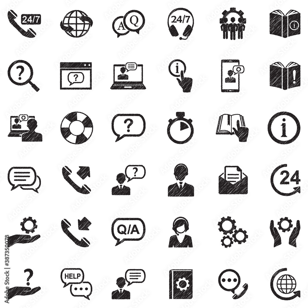 Help And Support Icons. Black Scribble Design. Vector Illustration.