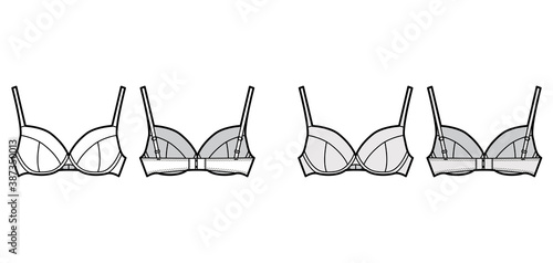 Bra full cup lingerie technical fashion illustration with full adjustable shoulder straps, hook-and-eye closure. Flat template front, back white grey color style. Women men underwear CAD mockup