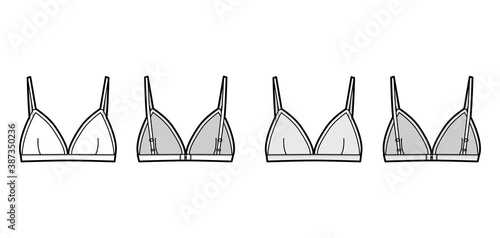 Triangle Bra lingerie technical fashion illustration with adjustable straps, hook-and-eye closure, sheer edge cups. Flat brassiere template front back white color style. Women men underwear CAD mockup