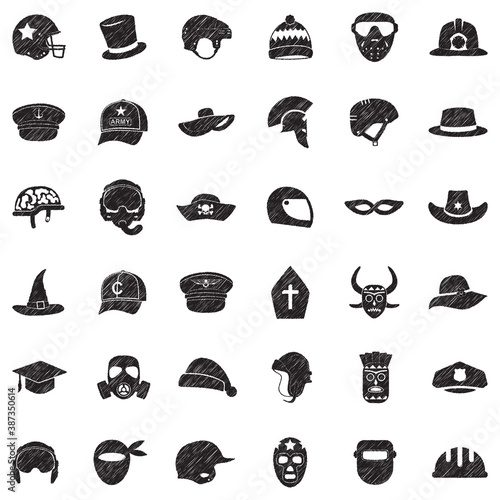 Hats And Masks Icons . Black Scribble Design. Vector Illustration.