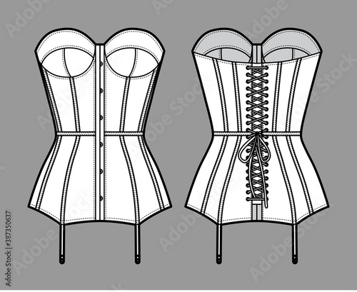 Torsolette basque bustier lingerie technical fashion illustration with molded cup, back laced, attached garters. Flat brassiere template front, back white color style. Women men underwear CAD mockup