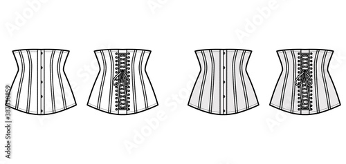 Waist cincher back laced longline corsetry lingerie technical fashion illustration with bones. Flat belt template front, back white grey color style. Women men unisex underwear CAD mockup