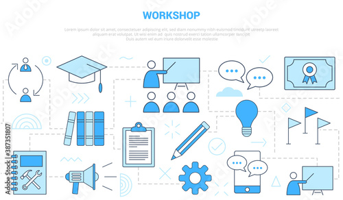 workshop concept with icon line style set template banner with modern blue color