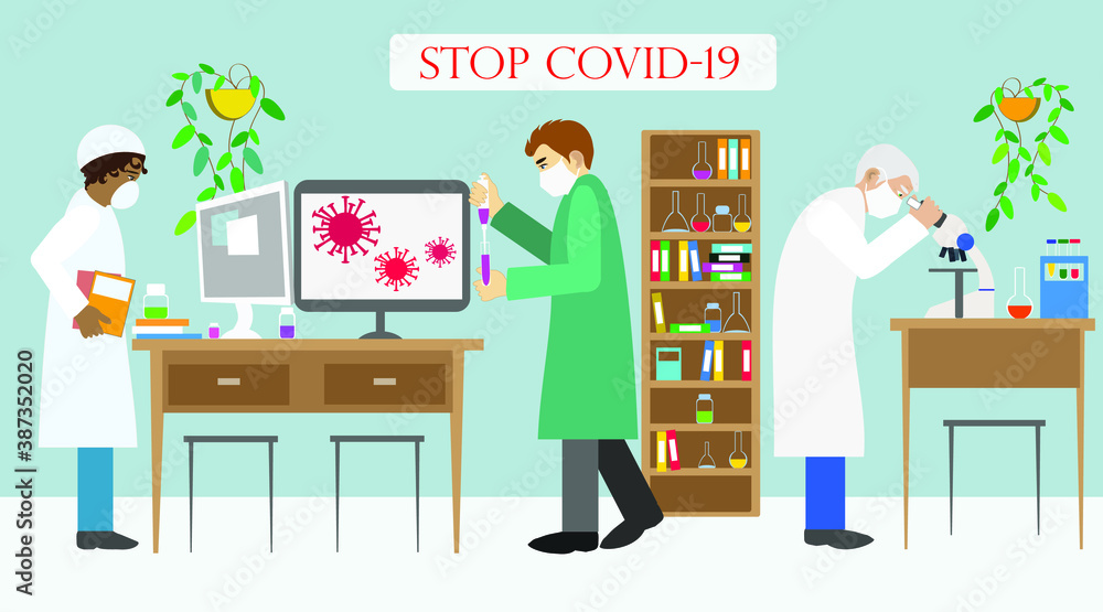 A team of scientists of different genders, ages and races is researching Covid-19 and developing a serum in the laboratory to protect the world from a pandemic. A team of scientists of different genders, ages and races is researching Covid-19 and developing a serum in the laboratory to protect the world from a pandemic.