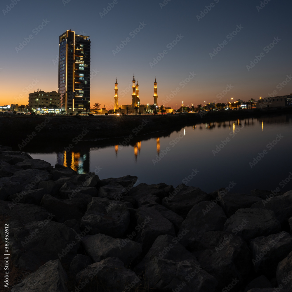 Square crop of Night in Ras al Khaimah, United Arab Emirates looking at ...