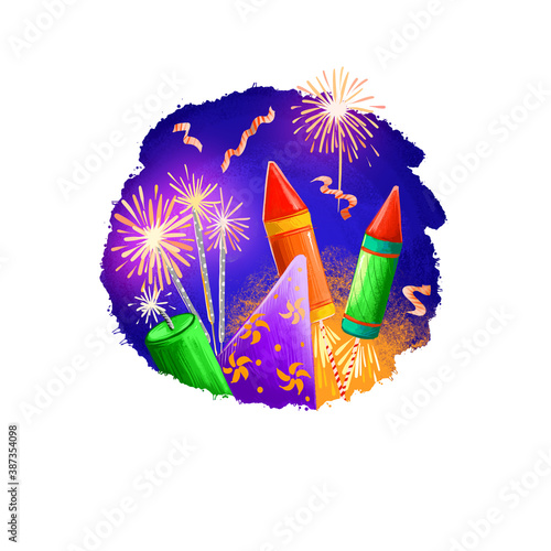 Happy Diwali digital art illustration isolated on white background. Hindus festival of lights. Deepavali hand drawn graphic clip art drawing for web, print. Flying fireworkd and burning sparklers. photo