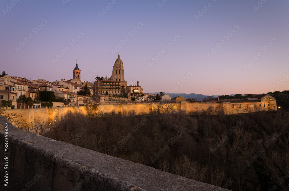 Perspective view of the monumental city of Segovia at sunset, Castilla y Leon, Spain