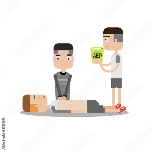 Cartoon  of CPR with AED by two provider.