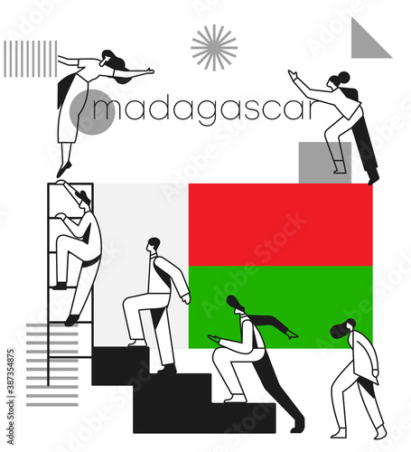 Group of office workers climbing the stairs of success with national flag and geometrical elements isolated on white background : Vector Illustration