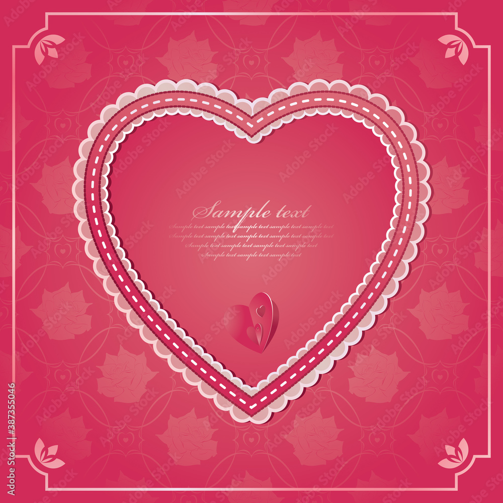 Valentine's Day card with frame of heart on pink background with roses. Vector romantic template with copy space for your text. 