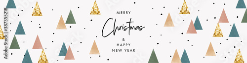 Merry Christmas and Happy New Year banner. Trendy modern Xmas design template with gold foil triangle firs, dots and watercolor texture elements. Horizontal poster, greeting card, header for website.