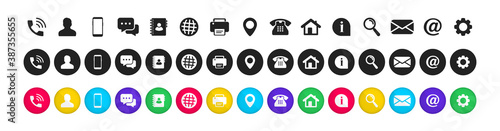 Business card icon set. Name, mobile, location, place, phone, email, fax, web, contact us, information, communication. Contact us, Simple flat vector icons of differents styles. Information sign