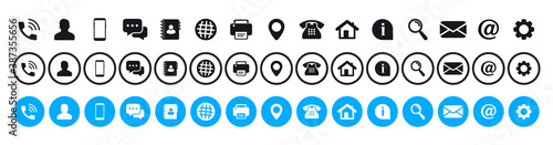 Business card icon set. Name, mobile, location, place, phone, email, fax, web, contact us, information, communication. Contact us, Simple flat vector icons of differents styles. Information sign