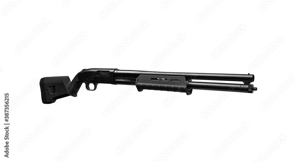 Modern pump action shotgun isolate on a white back. Weapons for hunting, sports and self-defense. Modern pump action shotgun isolate on a white back. Weapons for hunting, sports and self-defense.