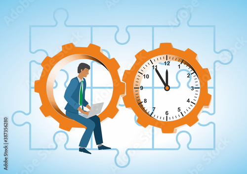 African man sitting  in gear wheel, cugwheel, clock and puzzle pieces. Vector illustration. EPS10.
