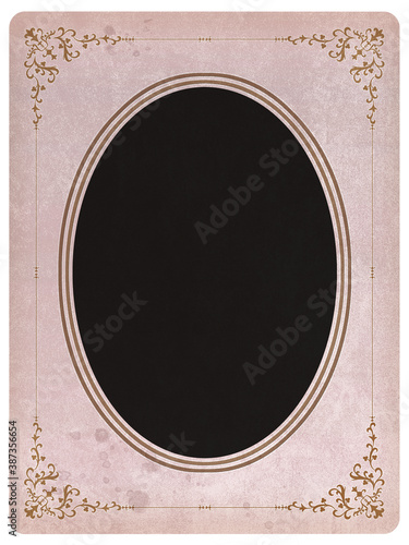 Ornamental oval frame on aged vintage background, grunge texture and stains that show the passage of time.