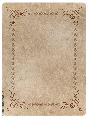 Ornamental frame on aged vintage background, grunge texture and stains that show the passage of time.