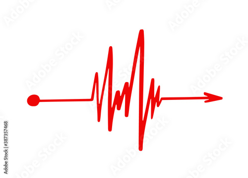 Hand drawn red heart line arrow on white background. Vector simple heartbeat, pulse, cardiogram abstract icon illustration. Business process concept.