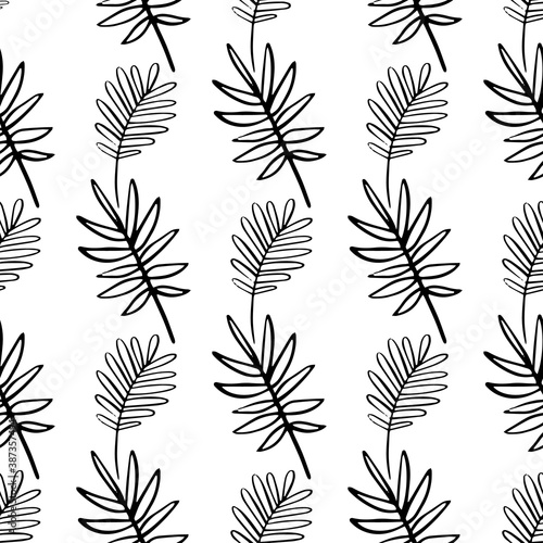 Doodle palm leaf and jungle plant sketch seamless pattern for nursery. Cartoon vector illustration. Cute graphic background. Print for kids. Scandinavian design for little baby room.