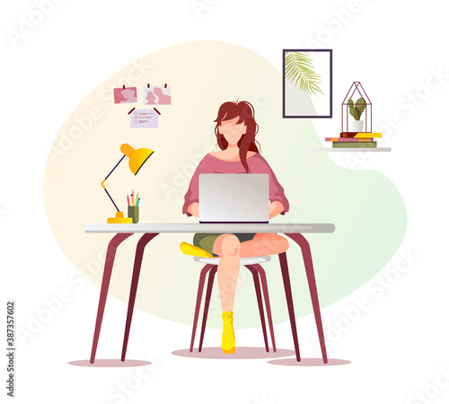 Woman working or learning at home at the table. Freelance, work at home, online job, home office, e-learning concept. Isolated vector illustration for poster, banner, advertising.