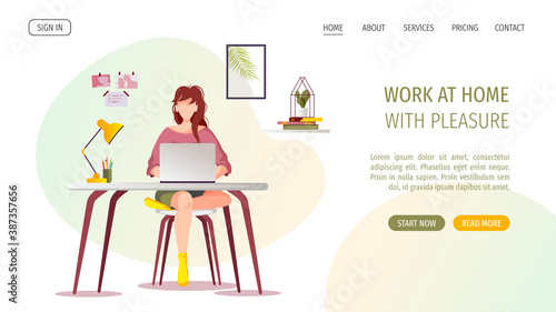 Web page design with woman working or learning at home at the table. Freelance, work at home, online job, home office, e-learning concept. Vector illustration for poster, banner, website.