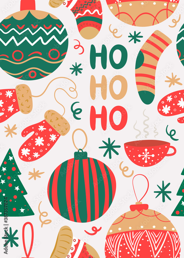 Cute hand drawn doodle Christmas card, brochure, postcard with snowball, christmas tree, snowflakes, snow, snowflakes, mittens, balls, socks. Christmas holiday background, elements. Seamless pattern Cute hand drawn doodle Christmas card, brochure, postcard with snowball, christmas tree, snowflakes, snow, snowflakes, mittens, balls, socks. Christmas holiday background, elements. Seamless pattern