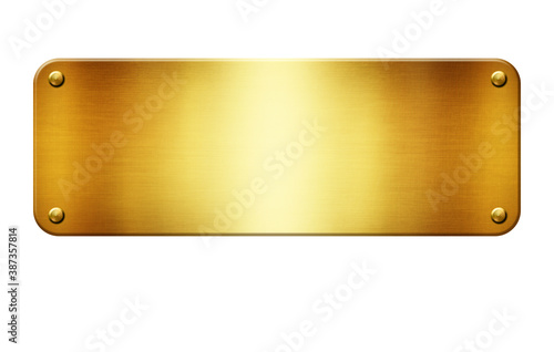 Gold metal plate with space for your text isolated on white background 3D illustration.