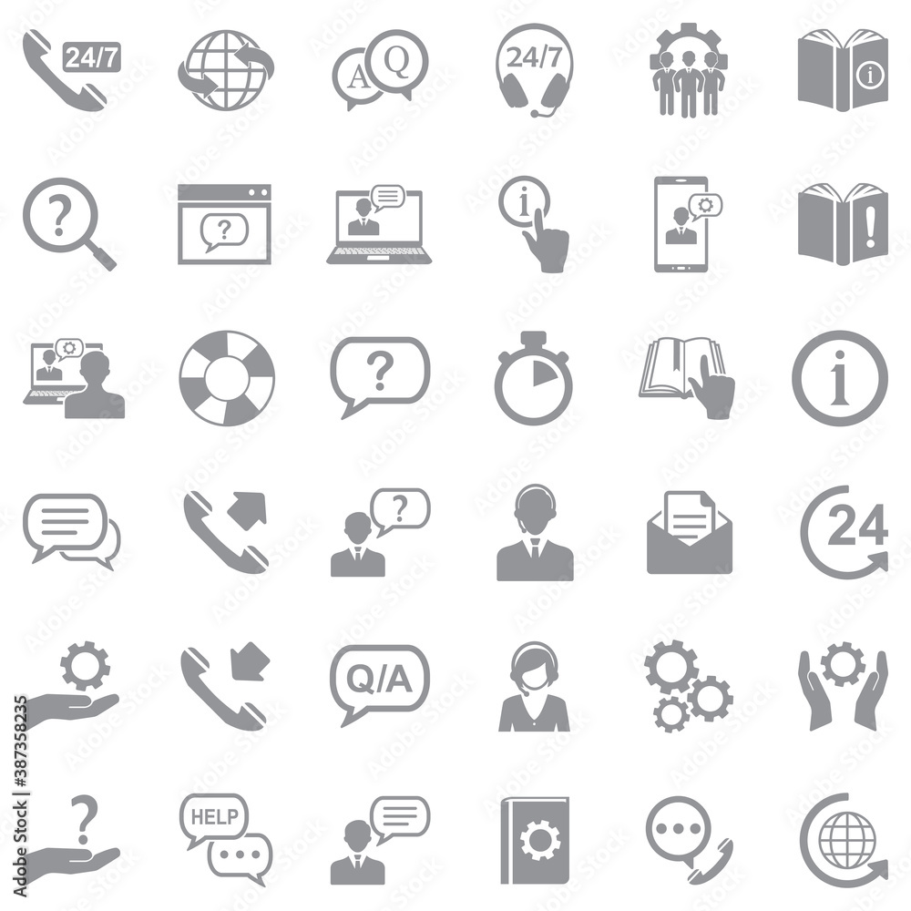 Help And Support Icons. Gray Flat Design. Vector Illustration. Help And Support Icons. Gray Flat Design. Vector Illustration.