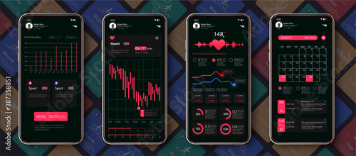 Different UI, UX, GUI screens fitness app and flat web icons for mobile apps, responsive website including. Web design and mobile template. Fitness interface design for mobile application. Vector