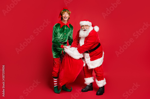 Cuadro en lienzo Full length photo of two men santa elf hold open big sack funny face wear x-mas