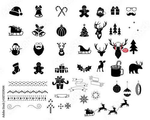 Christmas vector icons and elements set. Silhouette files for cricut bundle woth santa, christmas tree, deer, socks and so on. Holiday symbols for Xmas decor designs. Stock illustration photo