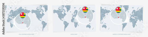 Three versions of the World Map with the enlarged map of Togo with flag.