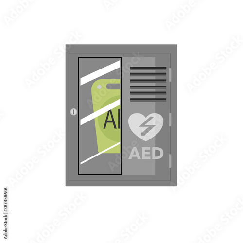 The  automatic external defibrillator or AED inside a aluminum box.