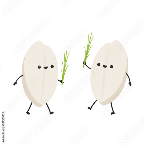 Rice character design. rice vector on white background. rice seed. rice on the leaf.