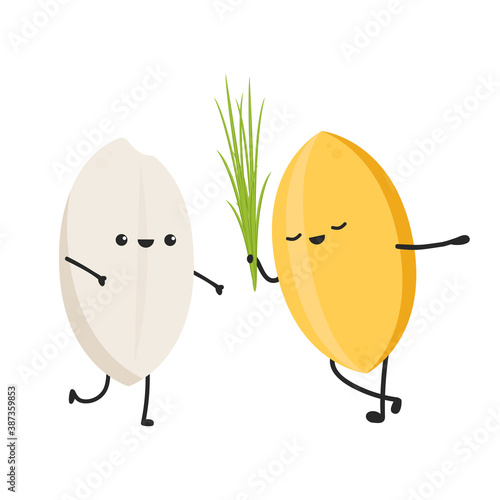 Rice character design. rice vector on white background. rice seed. rice on the leaf.